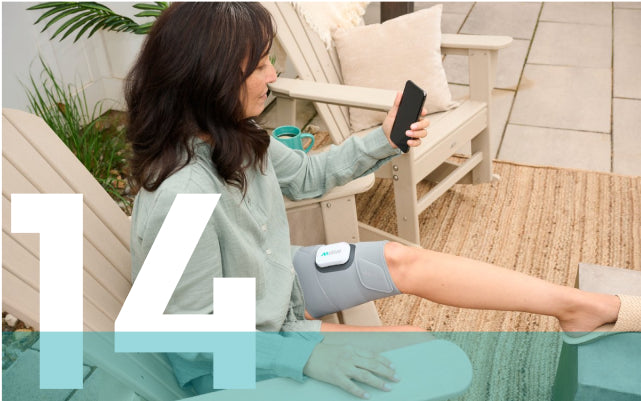 woman treating her knee pain at home with Motive therapy