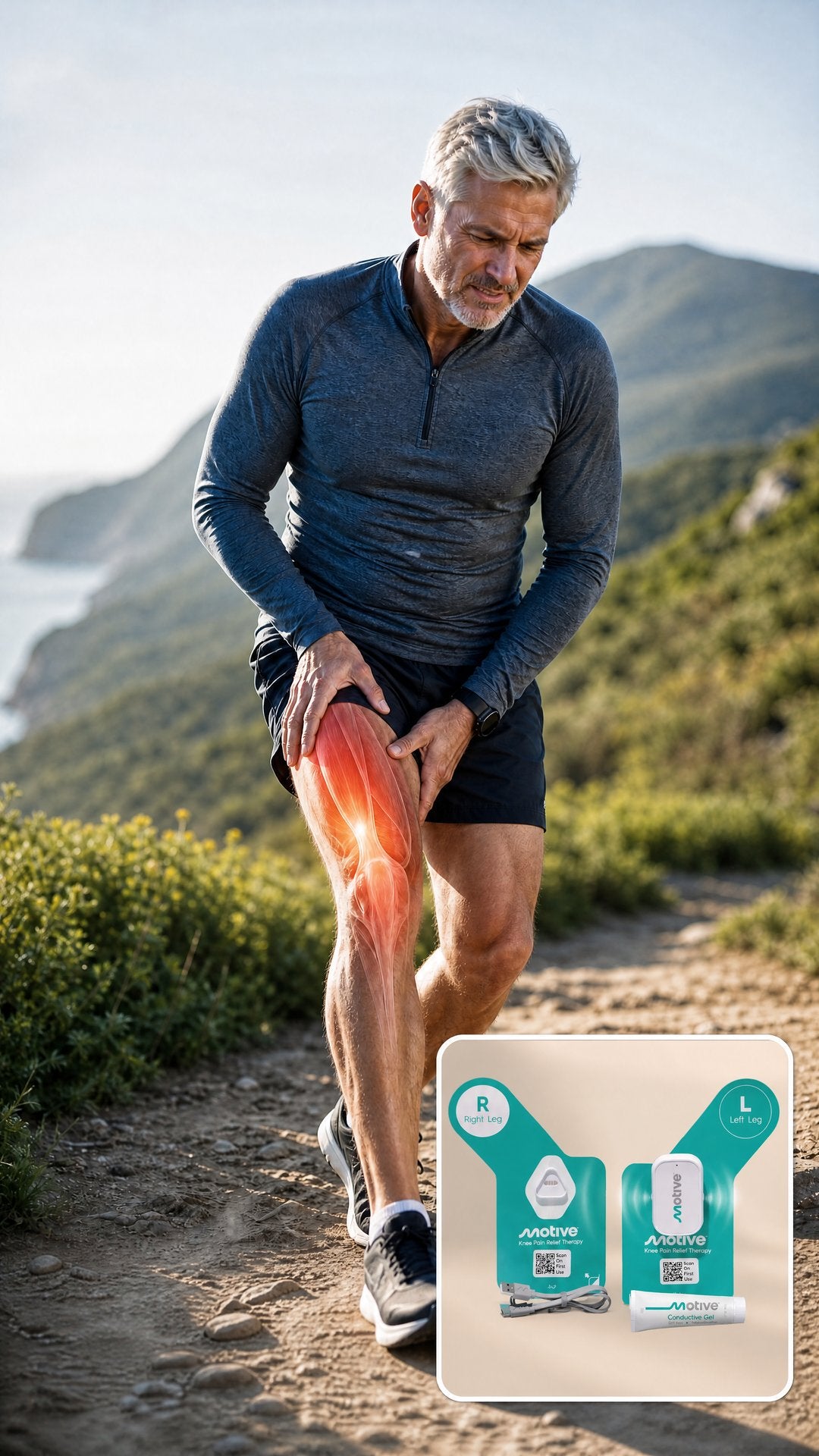 Man holding his knee on a hiking trail, with the Motive Knee system