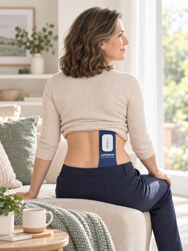 Woman at a window holding her lower back