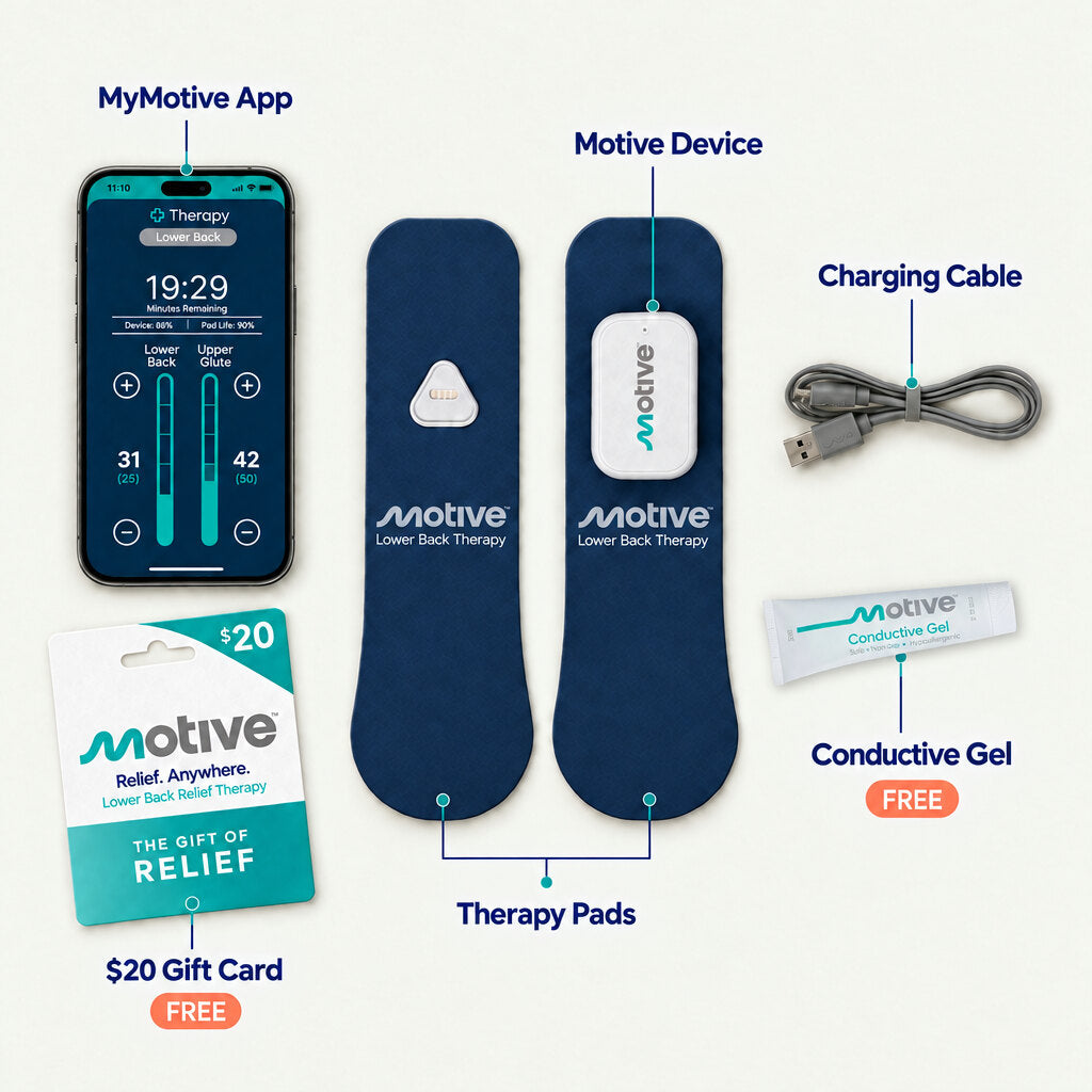 Motive Lower Back system: device, pads, app, cable, gel and gift card