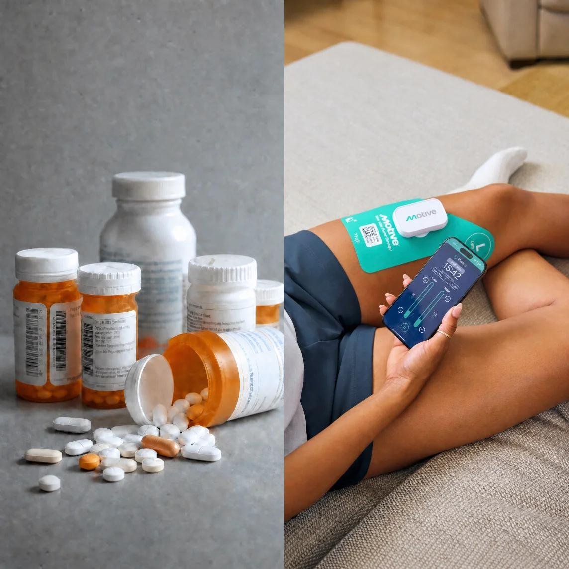 Pill bottles next to a person using Motive Knee with the app